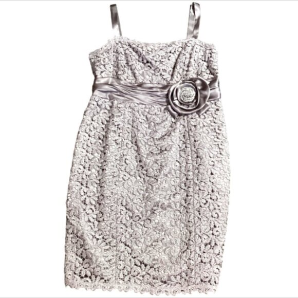 R&M Richards Lace Cocktail Dress Satin Rhinestone Rosette Waistband Sz 16 #159K - Picture 5 of 9